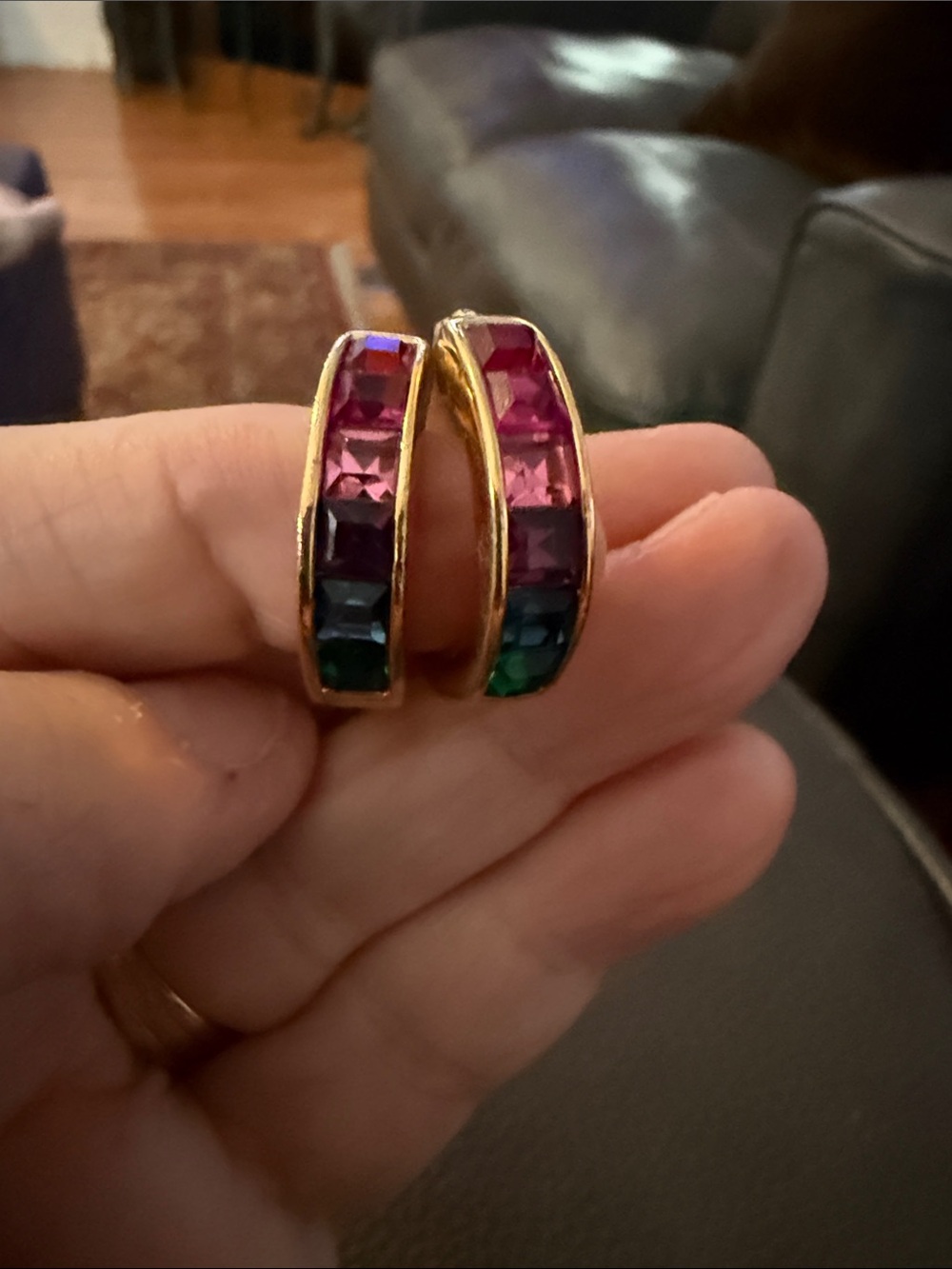 Gold-Tone Multicolor Crystal Hoop Earrings — Pink, Purple, Blue, Green